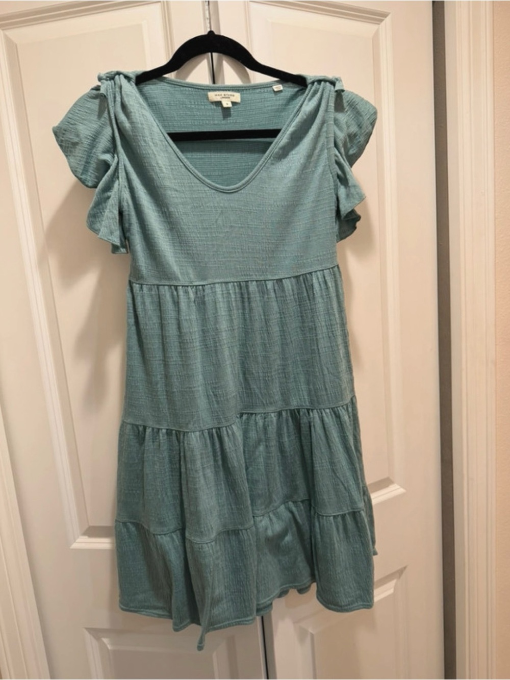 Max Studio Sage Green Tiered Mini Dress with Ruffle Sleeves